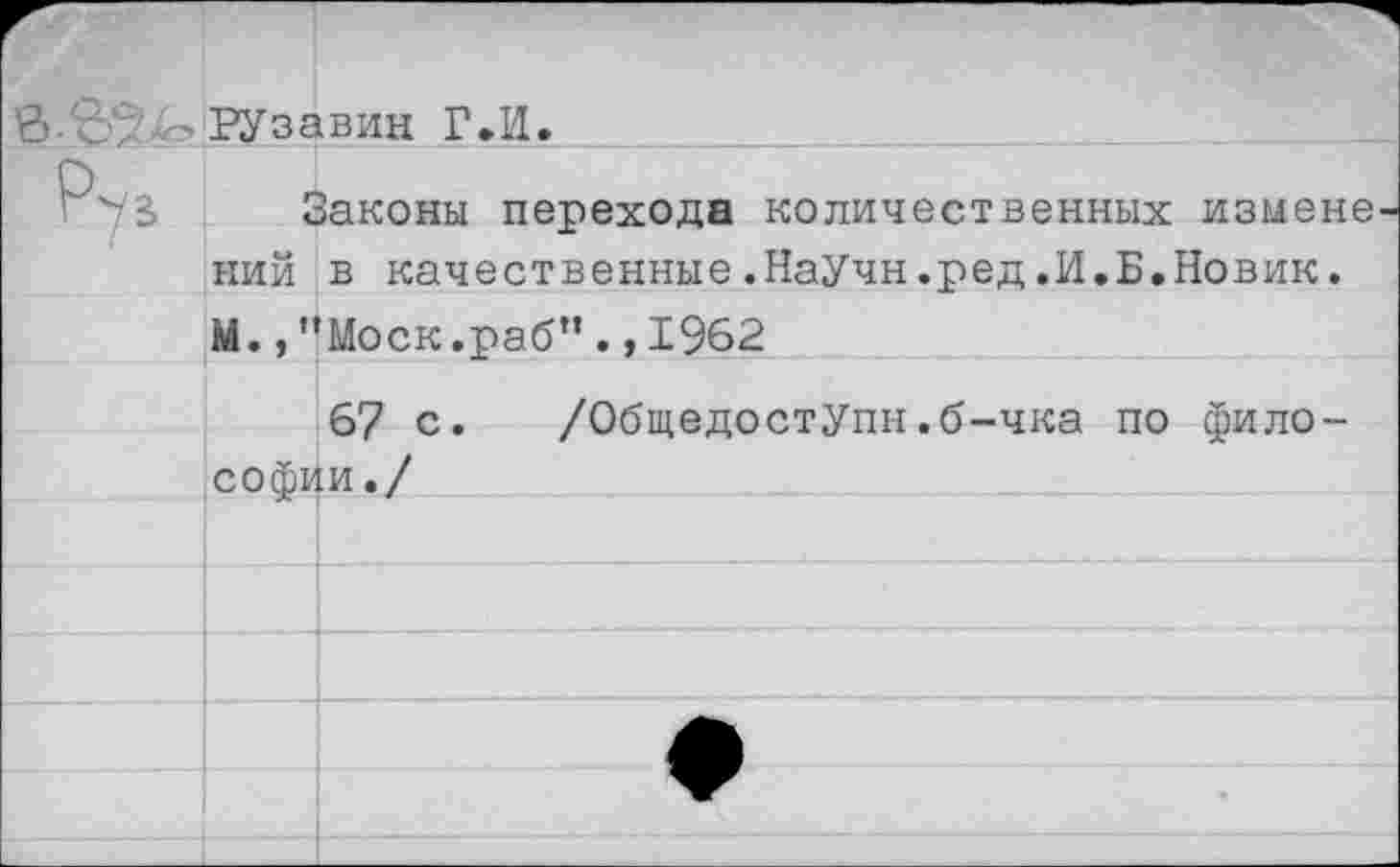 ﻿Законы перехода количественных измене ний в качественные.НаУчн.ред.И.Б.Новик. М.,”Моск.раб”.,1962
67 с. /ОбщедостУпн.б-чка по философии./